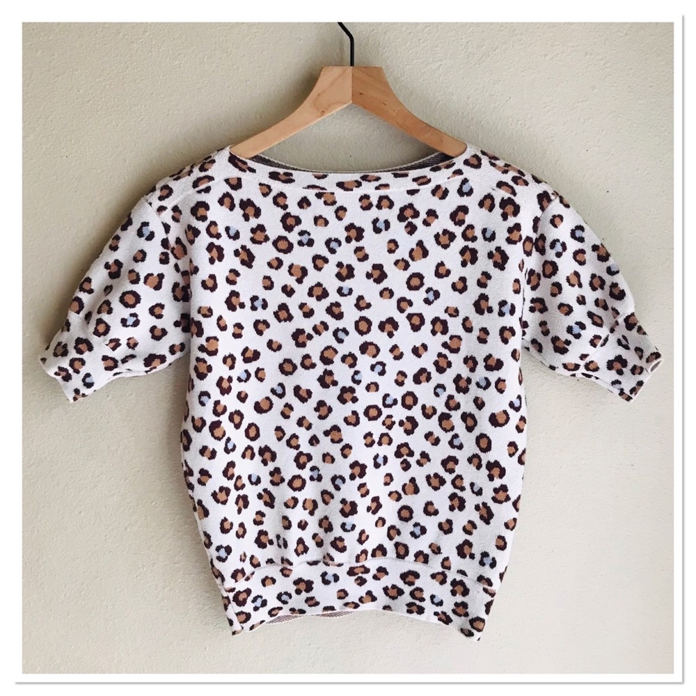 Ann Taylor Leopard Print Sweater Baby Blue Spots Short Sleeves Petite Size XXS